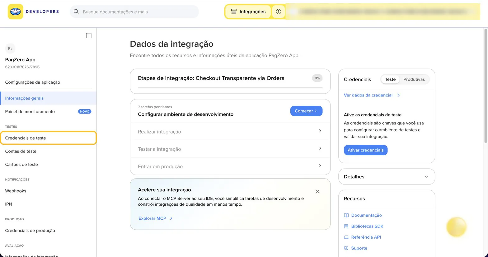 Tela Dados da integração com as etapas de integração e o item Credenciais de teste destacado no menu lateral