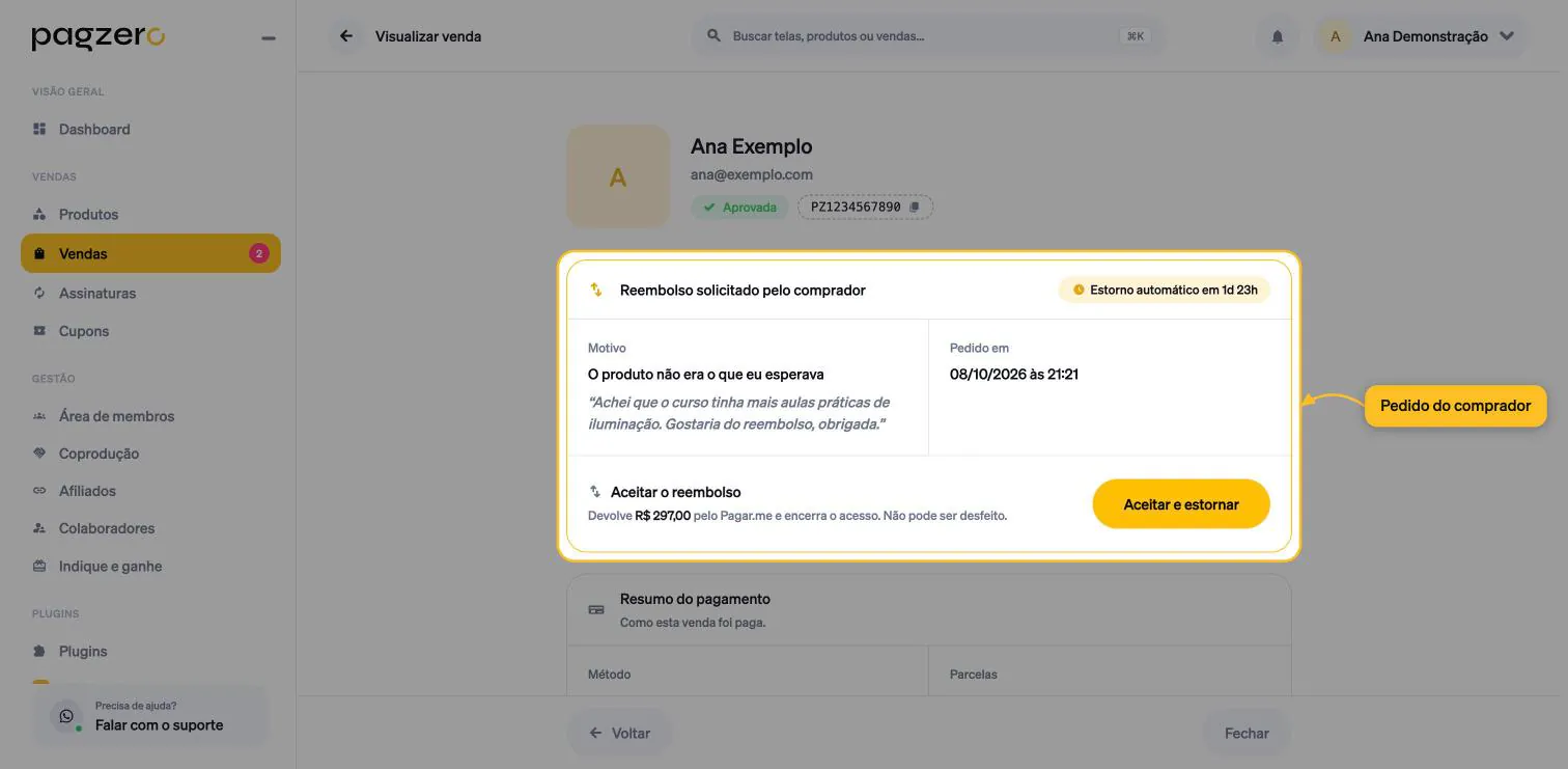 Card Reembolso solicitado pelo comprador com motivo, comentário e data do pedido destacado