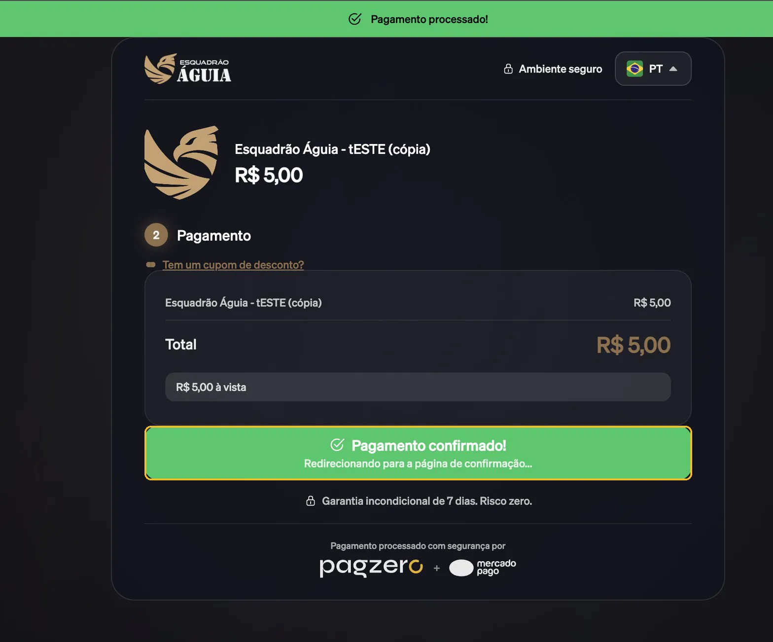 Checkout com a mensagem Pagamento confirmado destacada em verde