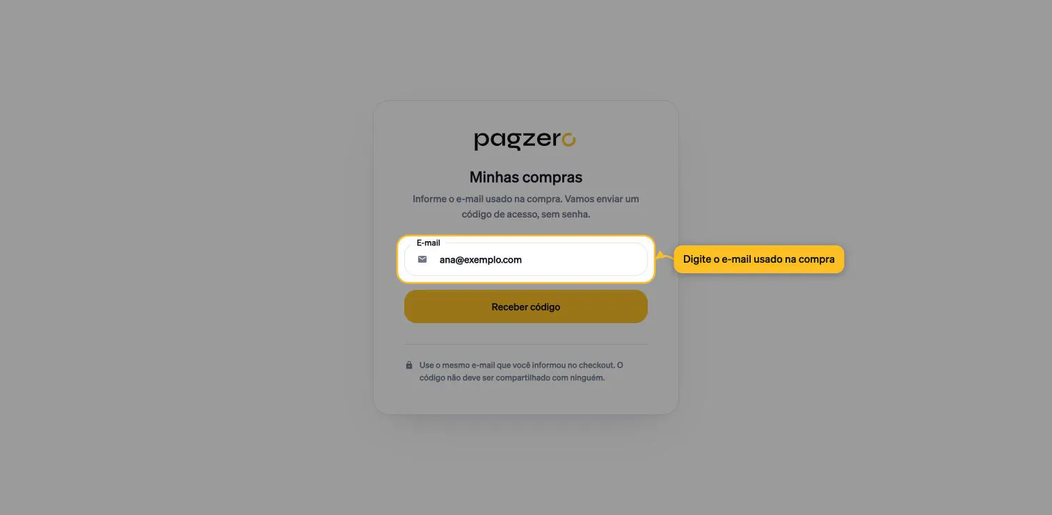 Tela Minhas compras com o campo E-mail destacado e preenchido com ana@exemplo.com