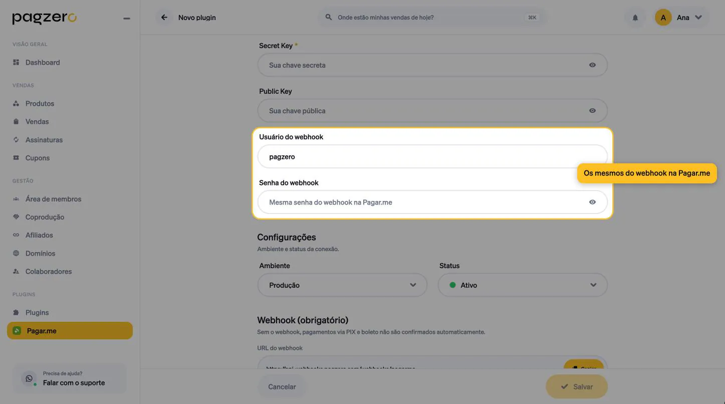 Campos Usuário do webhook preenchido com pagzero e Senha do webhook destacados