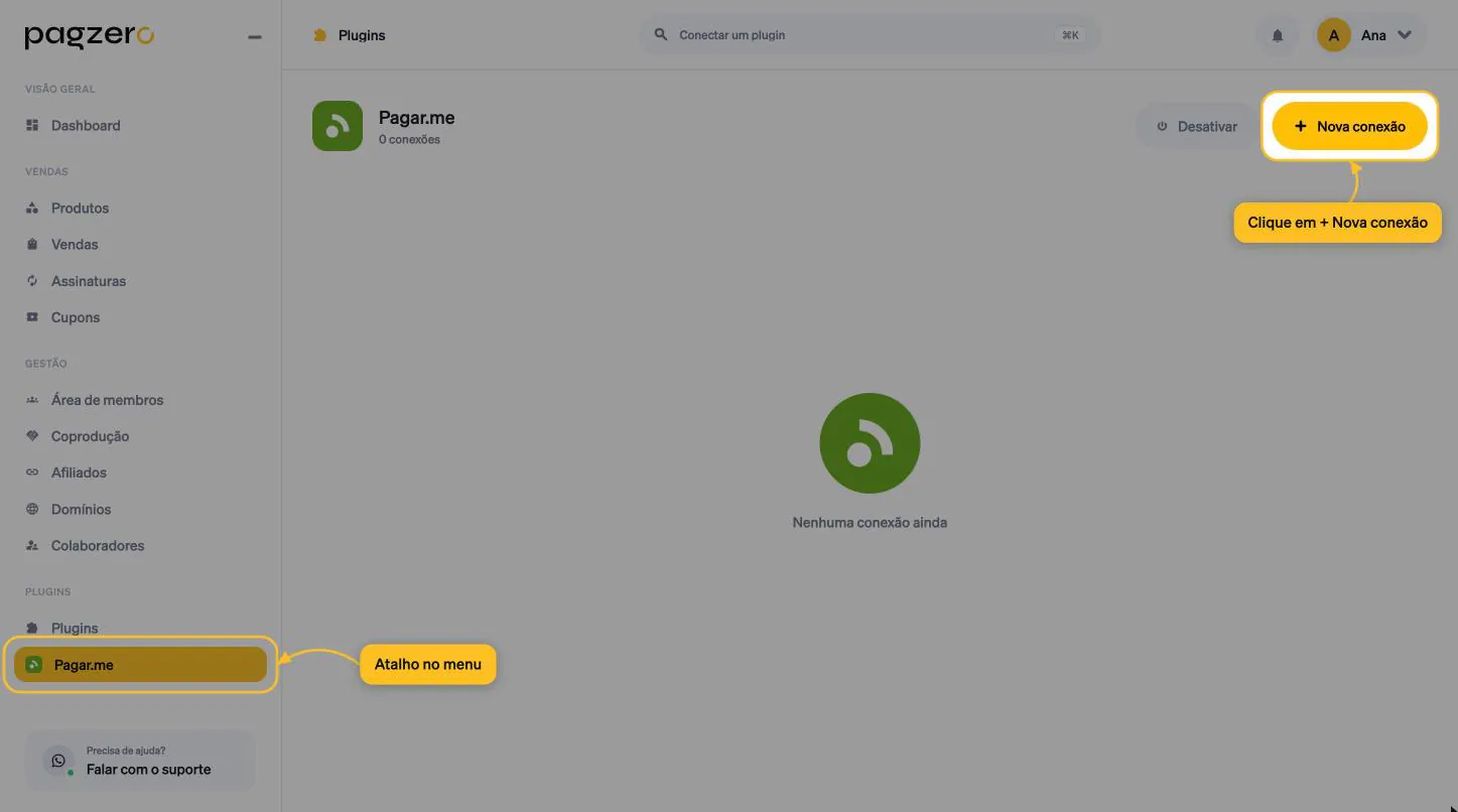 Tela da Pagar.me na PagZero sem conexões, com o botão Nova conexão e o atalho Pagar.me no menu destacados