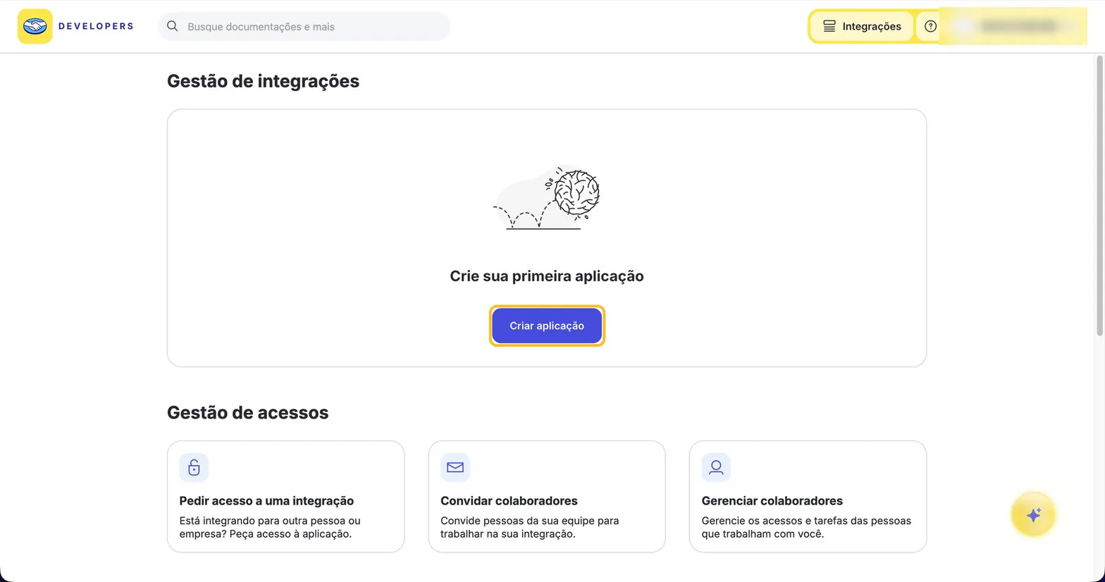 Tela Gestão de integrações do Mercado Pago com o botão Criar aplicação destacado