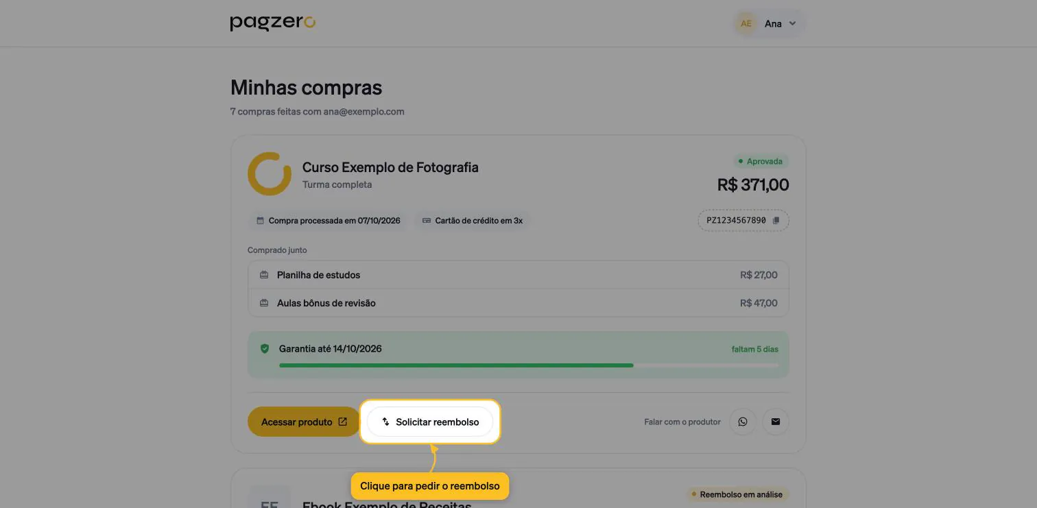 Botão Solicitar reembolso destacado no rodapé do card da compra