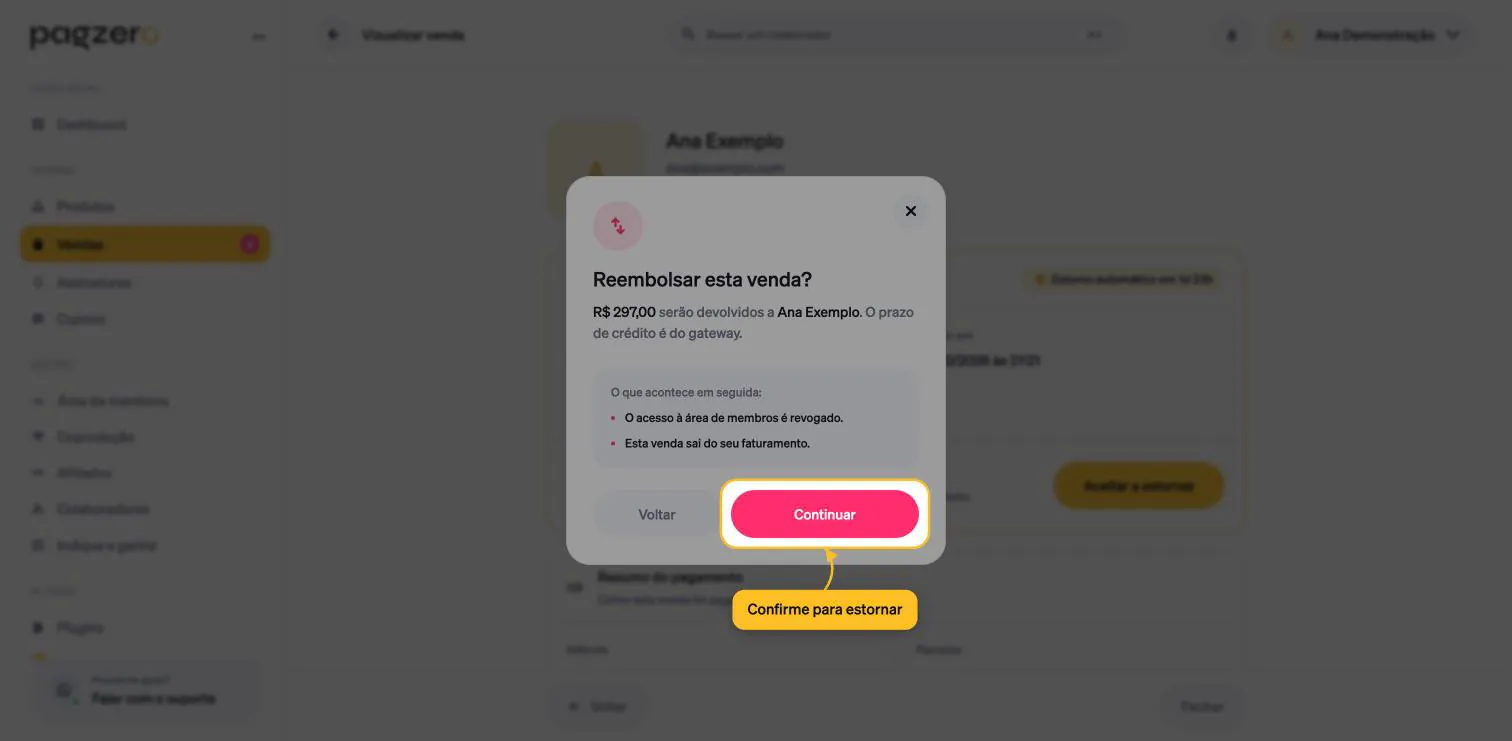 Modal Reembolsar esta venda com o botão Continuar destacado