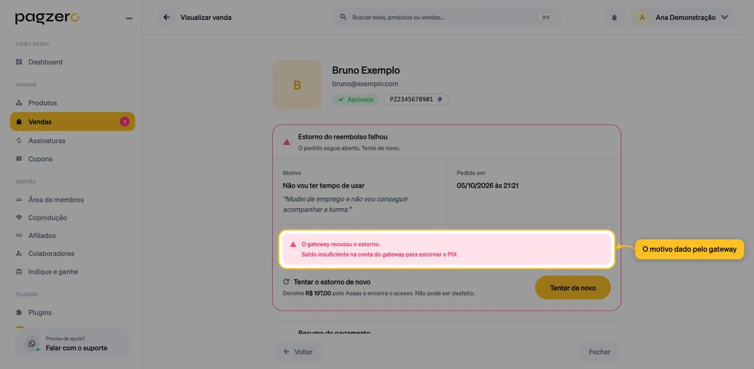 Card Estorno do reembolso falhou com a mensagem do gateway destacada e o botão Tentar de novo