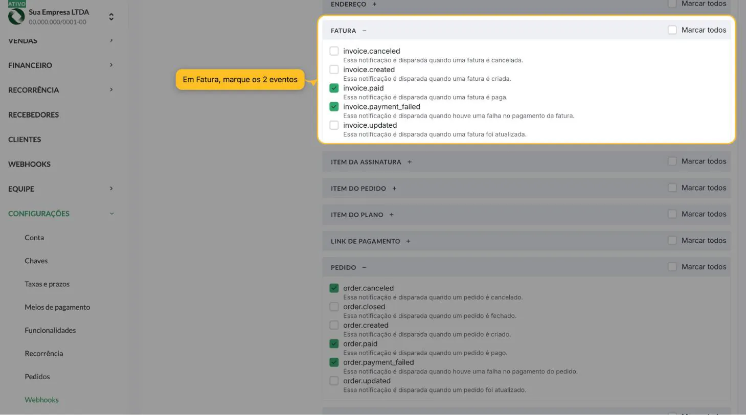 Grupo Fatura aberto com os eventos invoice.paid e invoice.payment_failed marcados