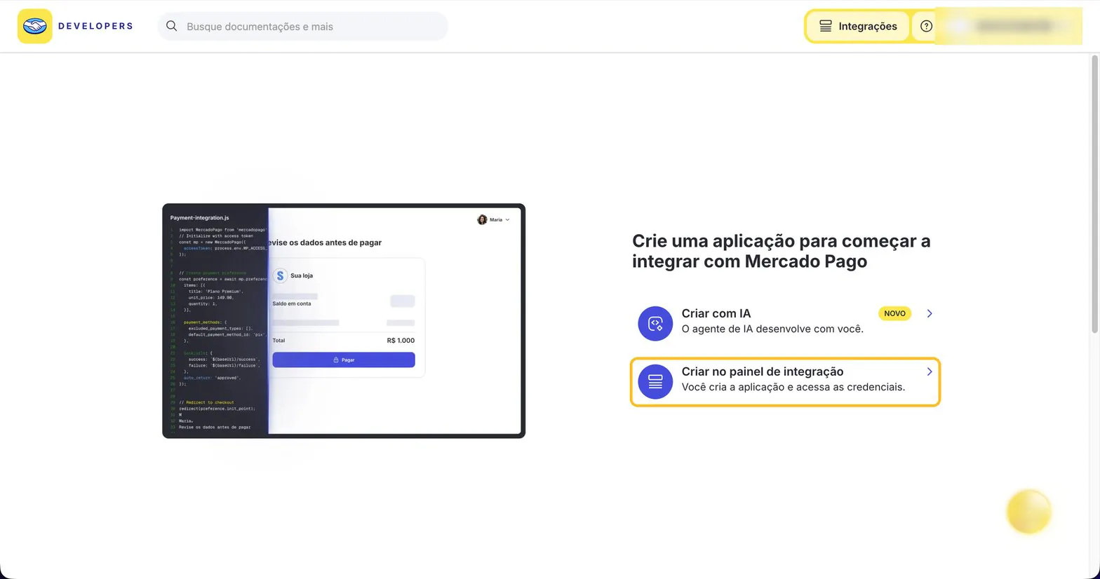 Duas opções de criação: Criar com IA e Criar no painel de integração, com a segunda destacada