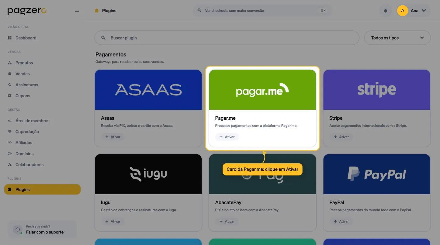 Tela Plugins da PagZero com o card da Pagar.me destacado e o botão Ativar