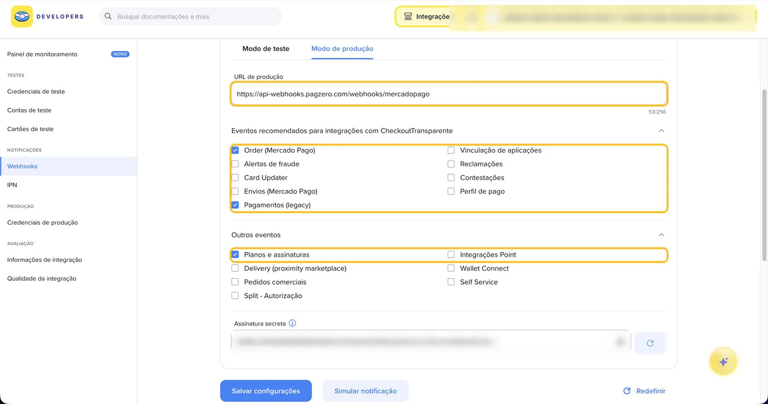 Configuração de webhook do Mercado Pago na aba Modo de produção, com a URL, os eventos Order, Pagamentos e Planos e assinaturas marcados e a assinatura secreta oculta