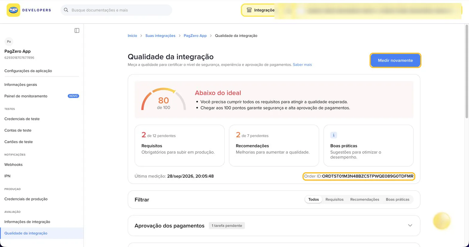 Tela Qualidade da integração com a pontuação, o Order ID destacado e o botão Medir novamente