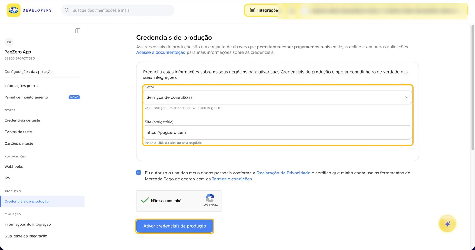 Formulário Credenciais de produção com os campos Setor e Site destacados e o botão Ativar credenciais de produção
