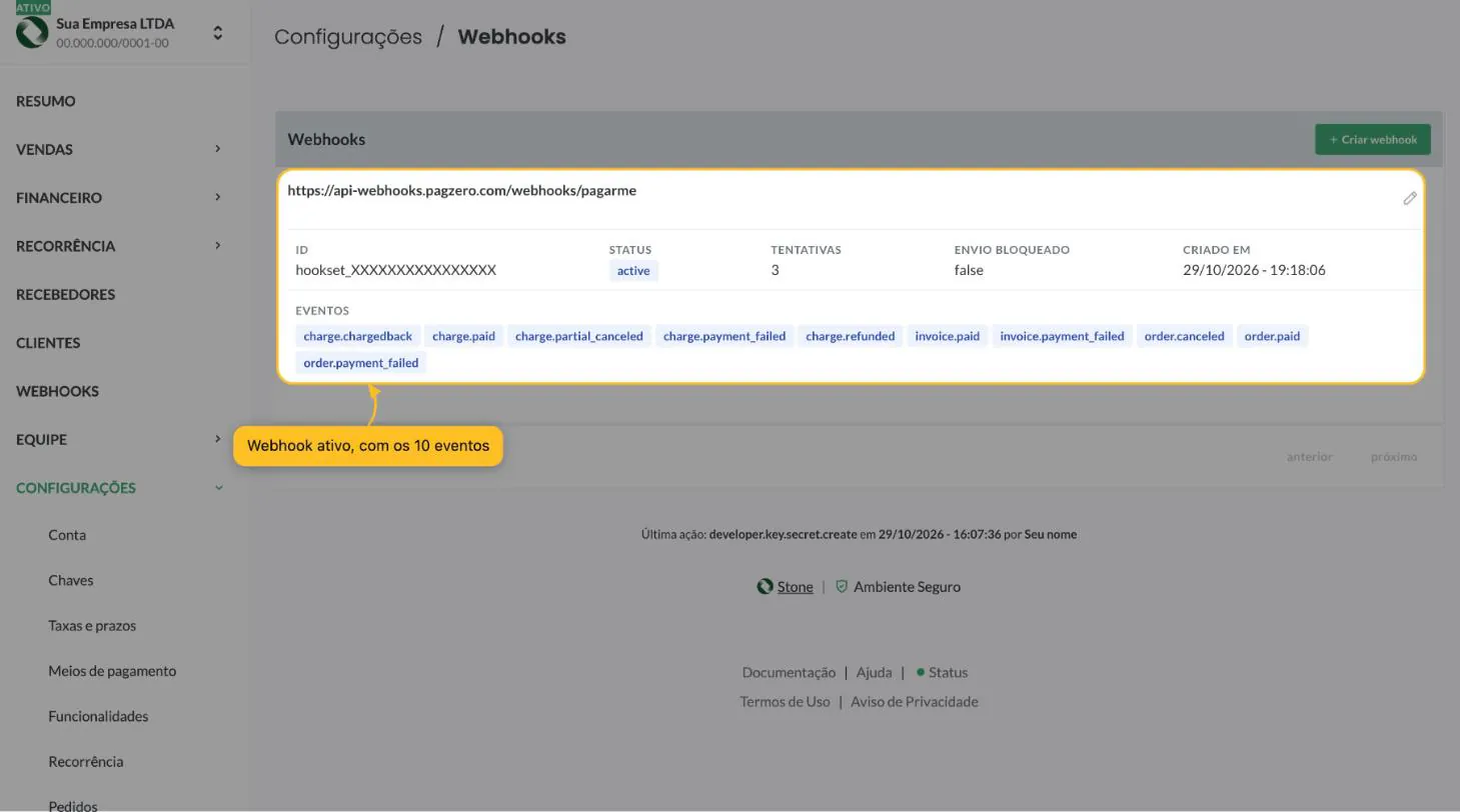 Webhook criado na lista, com a URL da PagZero, status active e os 10 eventos