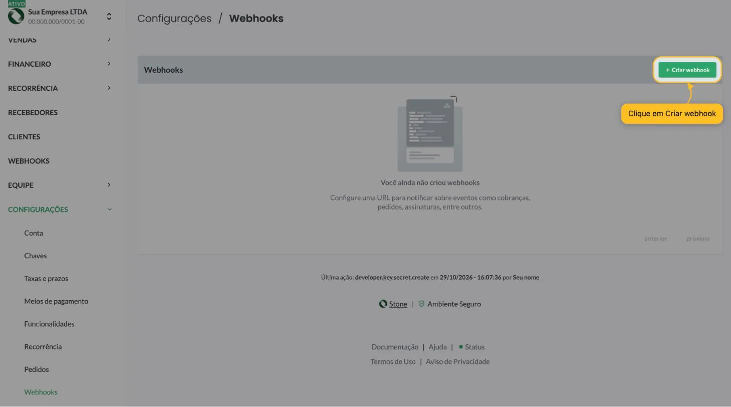 Tela Configurações Webhooks vazia com o botão Criar webhook destacado