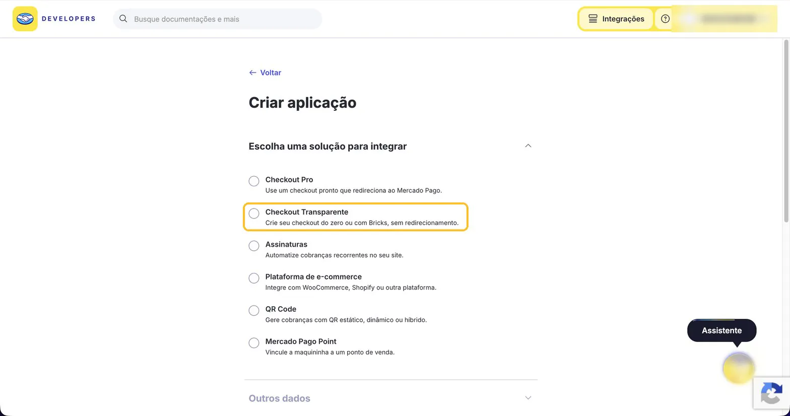 Lista de soluções do Mercado Pago com Checkout Transparente destacado