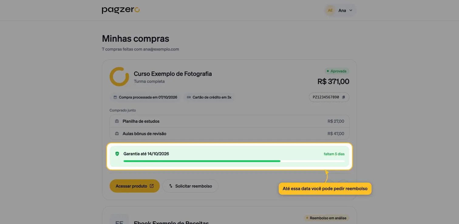 Card da compra com a faixa verde Garantia até 14/10/2026 e faltam 5 dias destacada