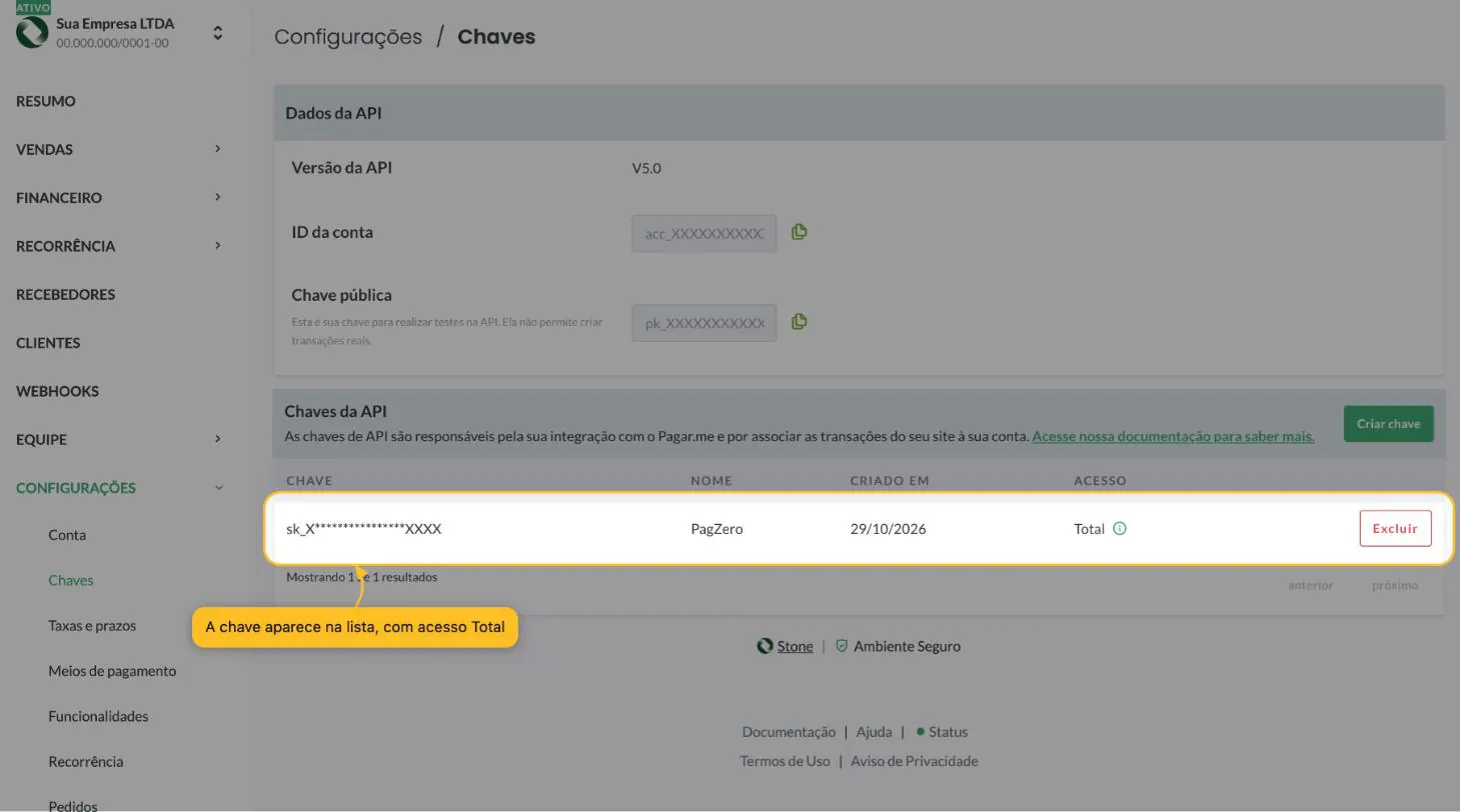 Lista Chaves da API com a chave PagZero criada, acesso Total e o botão Excluir