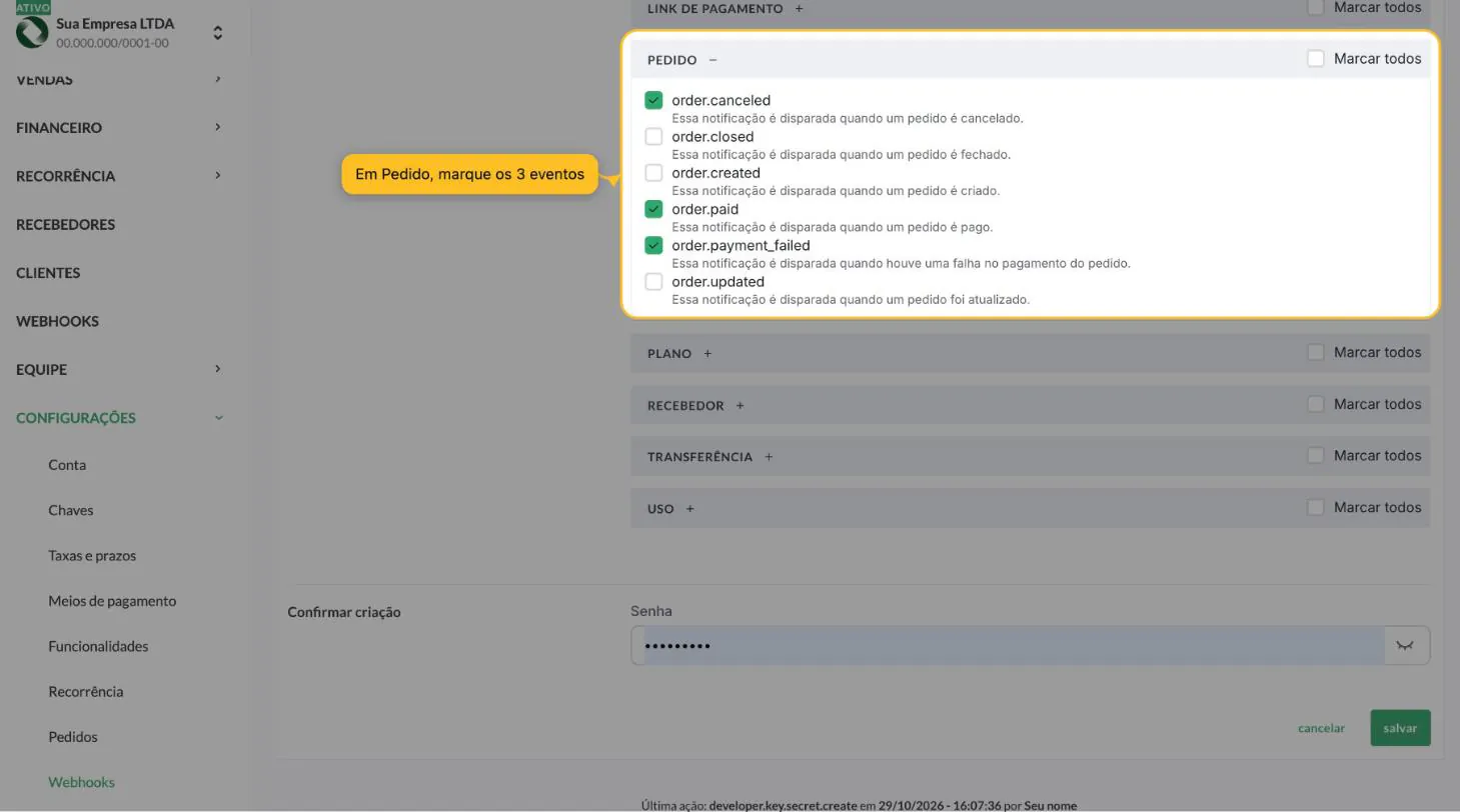 Grupo Pedido aberto com os eventos order.canceled, order.paid e order.payment_failed marcados