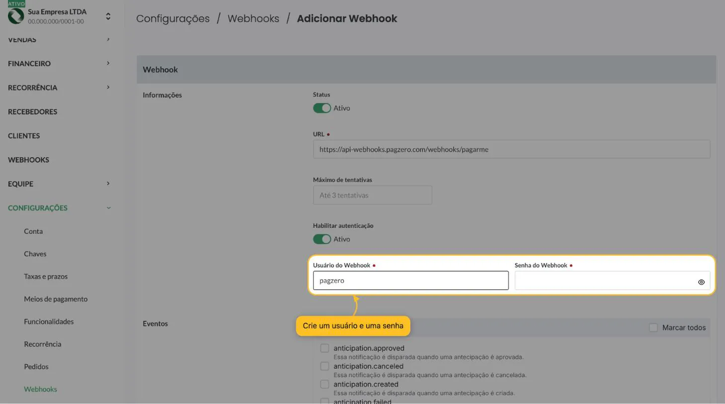 Campos Usuário do Webhook preenchido com pagzero e Senha do Webhook destacados