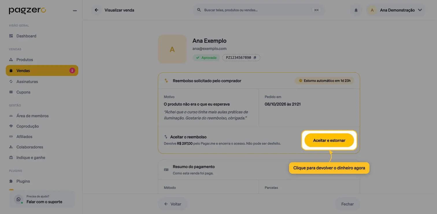 Botão Aceitar e estornar destacado no card do pedido