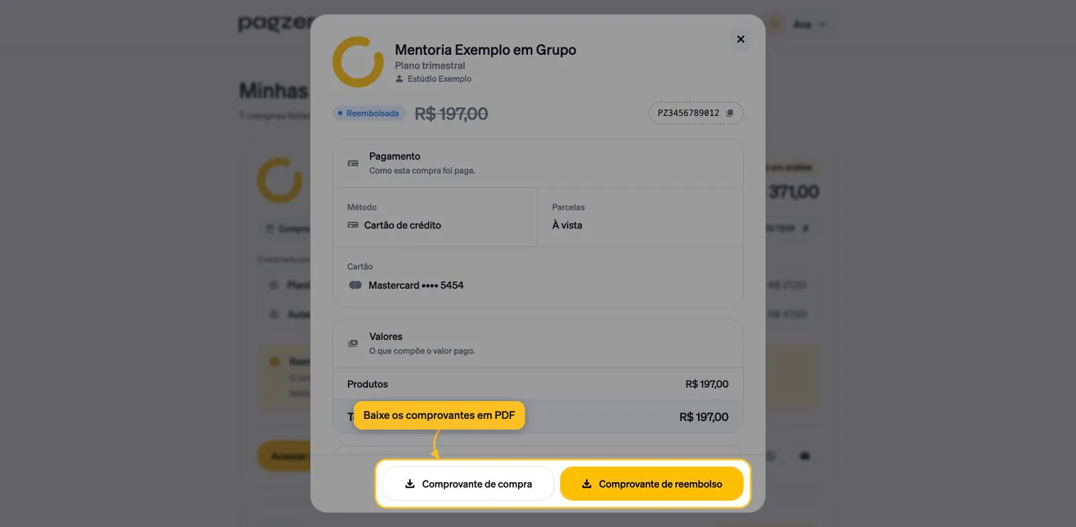 Detalhe de uma compra reembolsada com os botões Comprovante de compra e Comprovante de reembolso destacados
