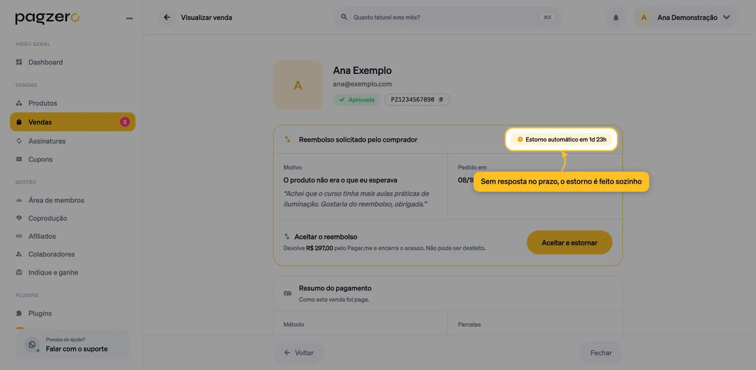 Selo Estorno automático em 1d 23h destacado no canto do pedido