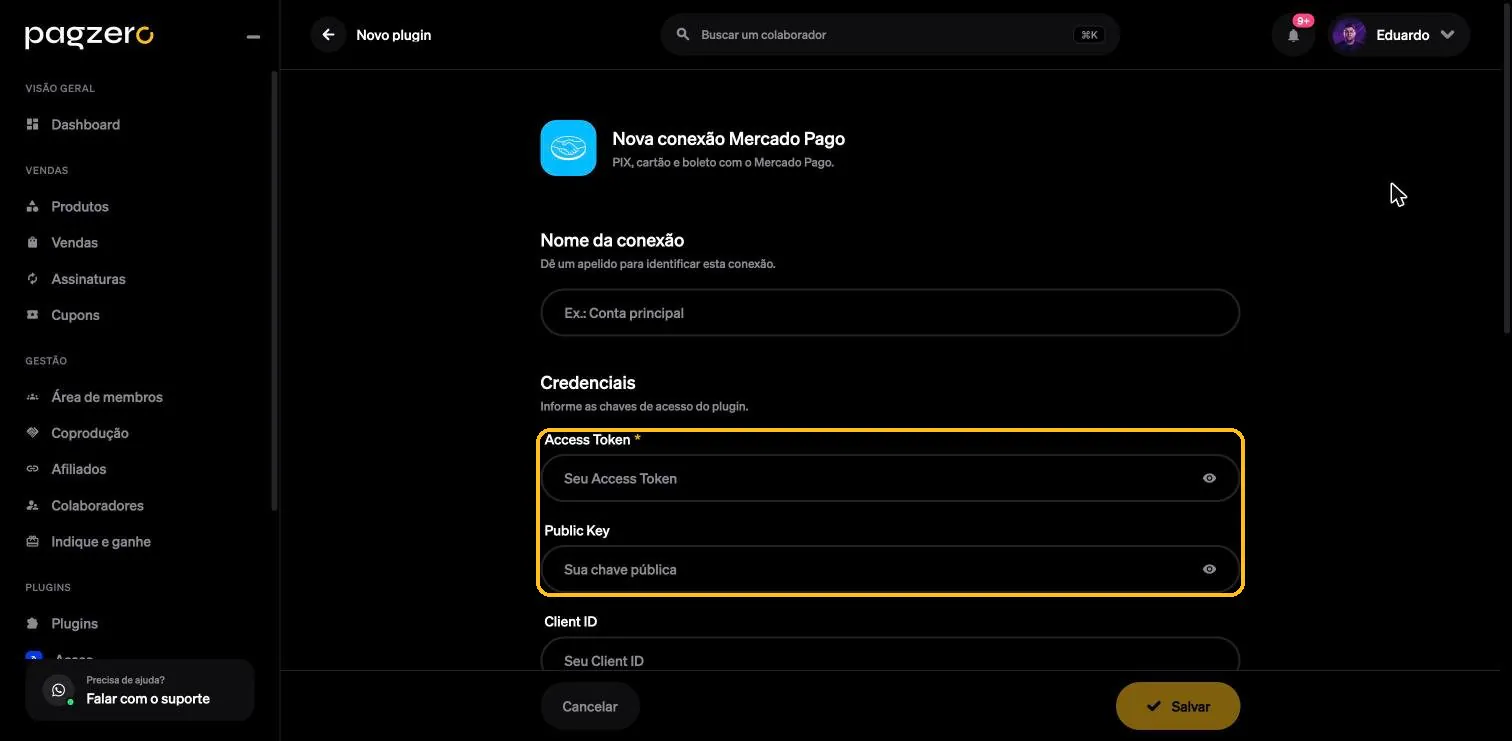 Formulário Nova conexão Mercado Pago na PagZero com os campos Access Token e Public Key destacados