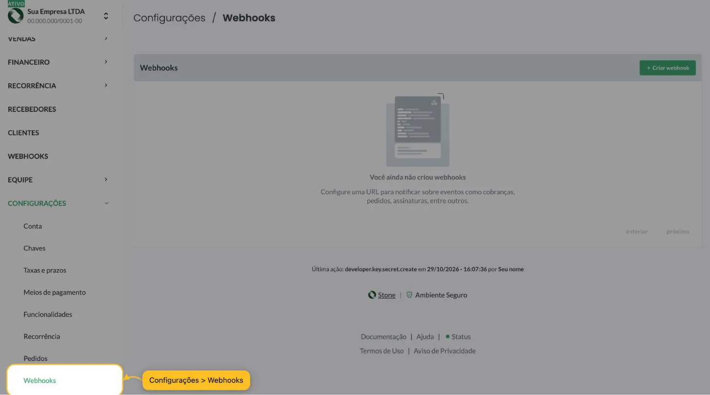 Menu lateral da Pagar.me com Configurações aberto e o item Webhooks destacado no fim da lista