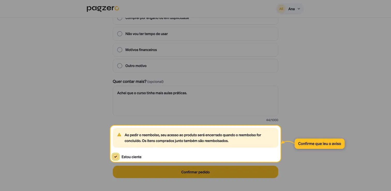 Aviso sobre o encerramento do acesso e a caixa Estou ciente marcada