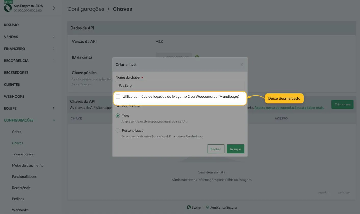 Caixa Utilizo os módulos legados do Magento 2 ou Woocommerce destacada e desmarcada