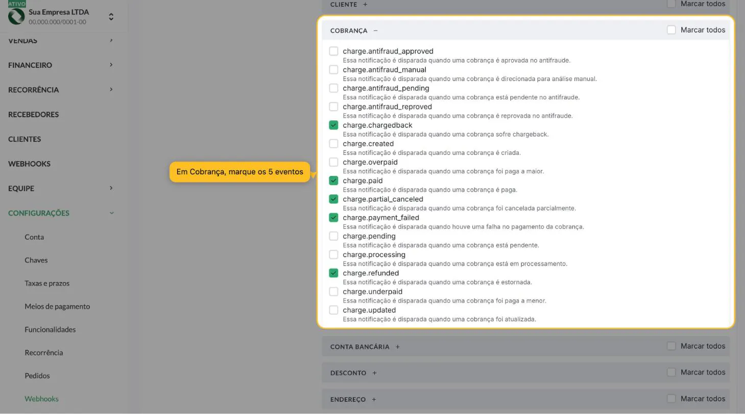 Grupo Cobrança aberto com os eventos charge.chargedback, charge.paid, charge.partial_canceled, charge.payment_failed e charge.refunded marcados