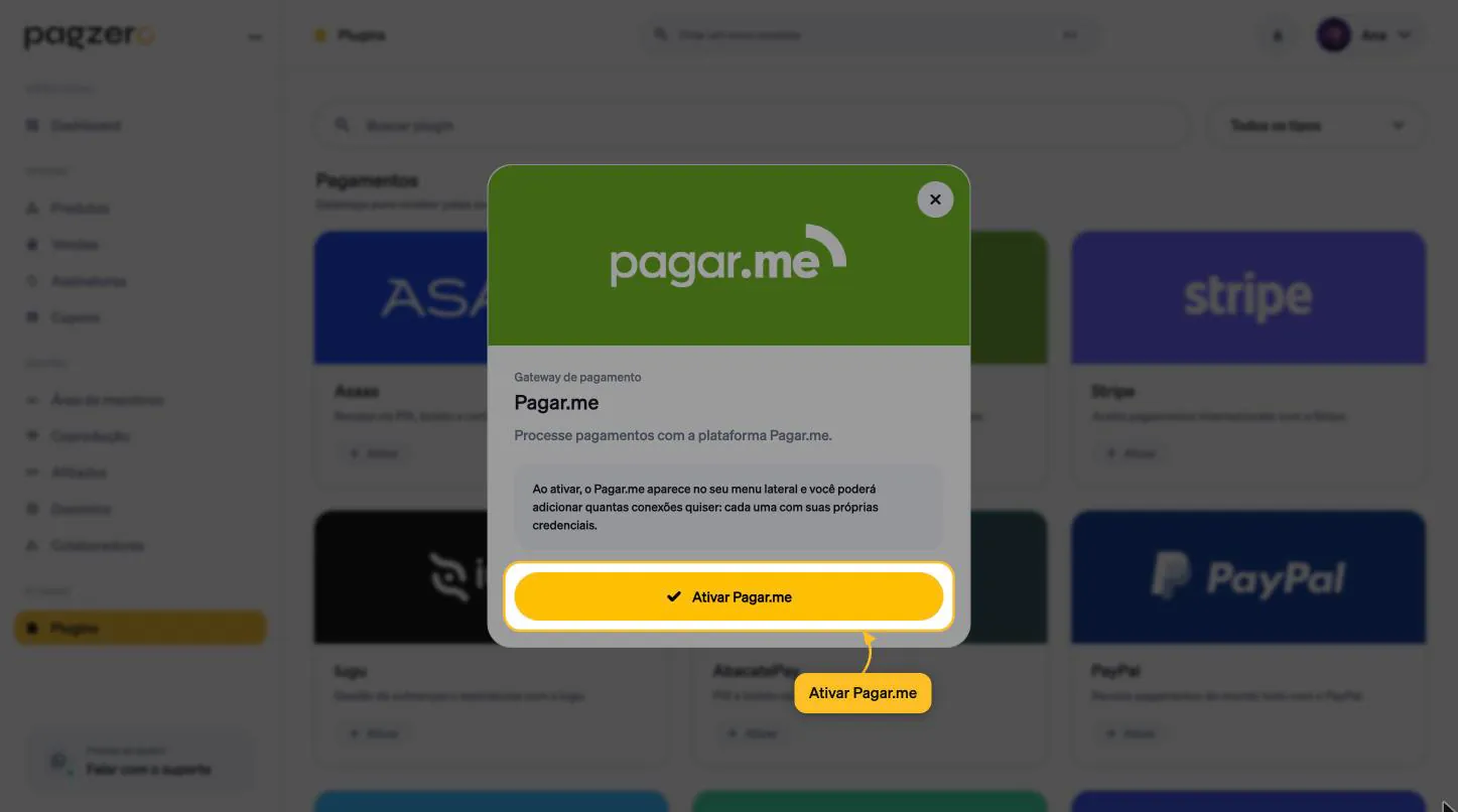 Janela de ativação da Pagar.me com o botão Ativar Pagar.me destacado