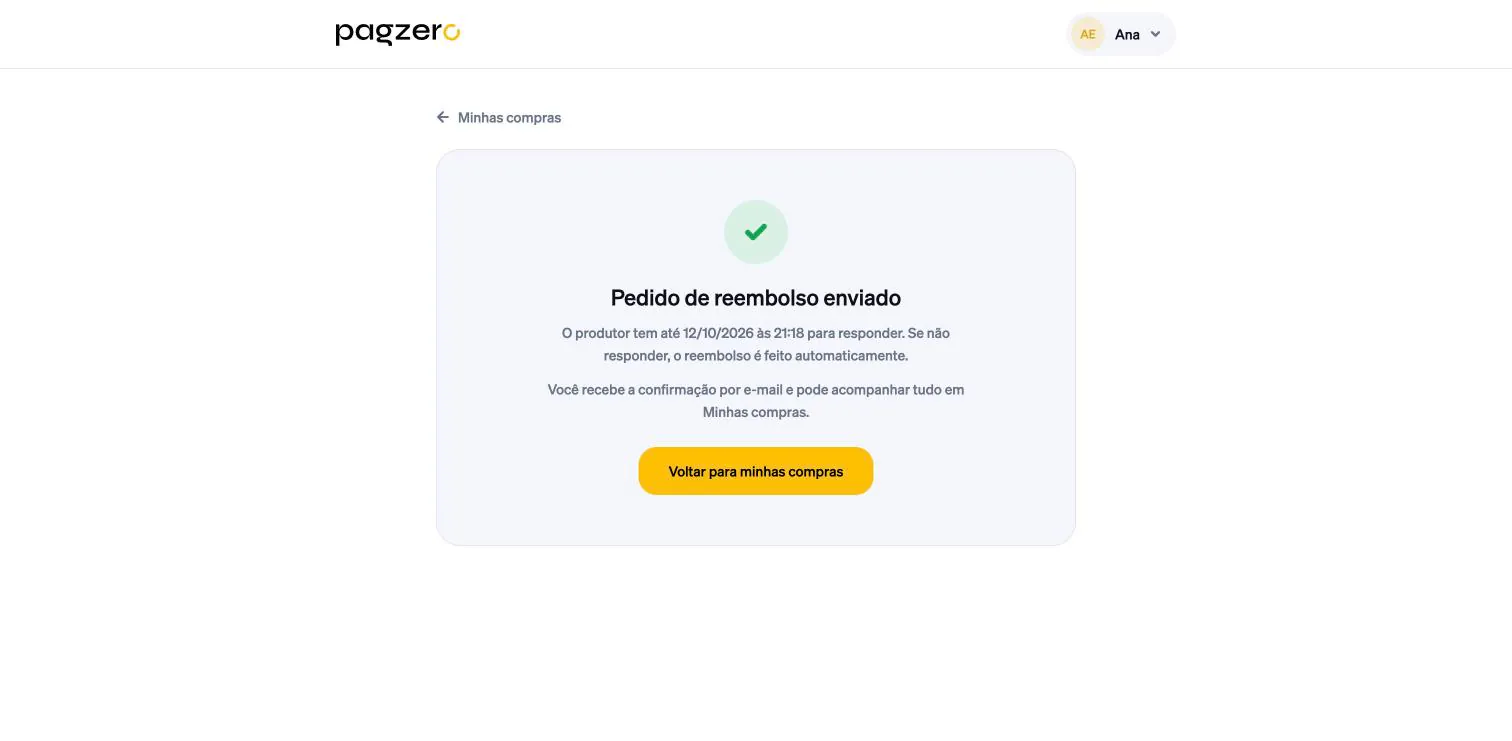 Tela Pedido de reembolso enviado com o prazo do produtor para responder