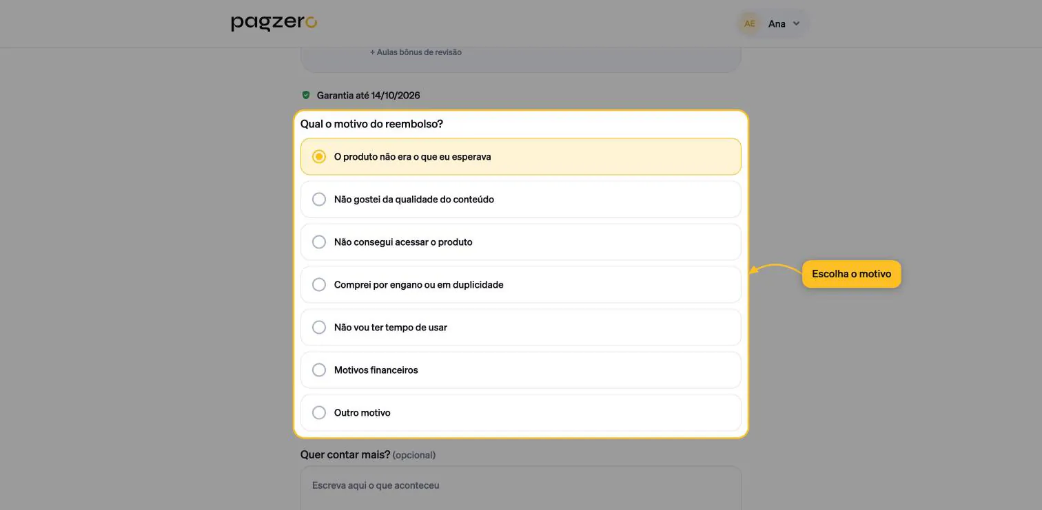Lista Qual o motivo do reembolso com a opção O produto não era o que eu esperava marcada