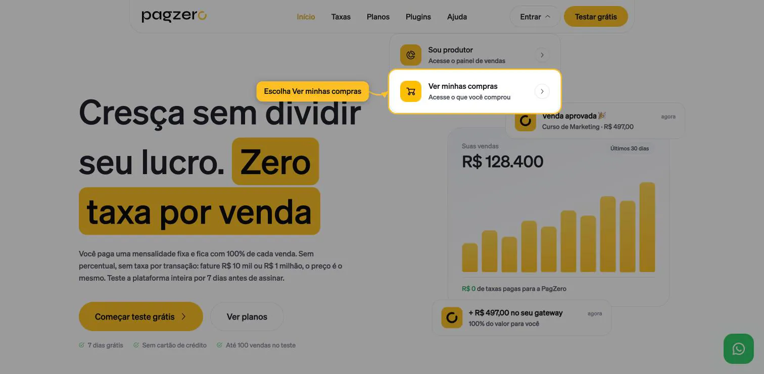 Site da PagZero com o menu Entrar aberto e a opção Ver minhas compras destacada