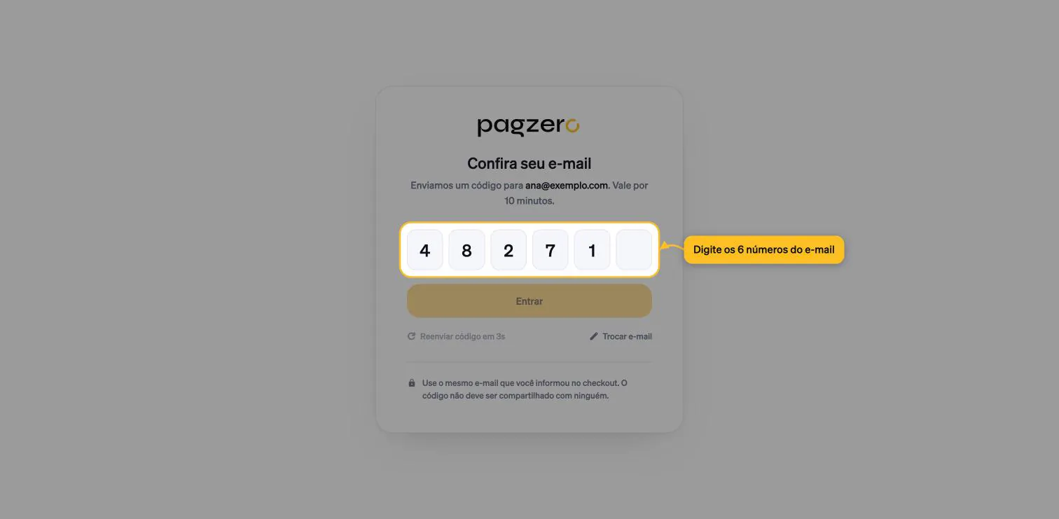 Tela Confira seu e-mail com as seis caixas do código destacadas