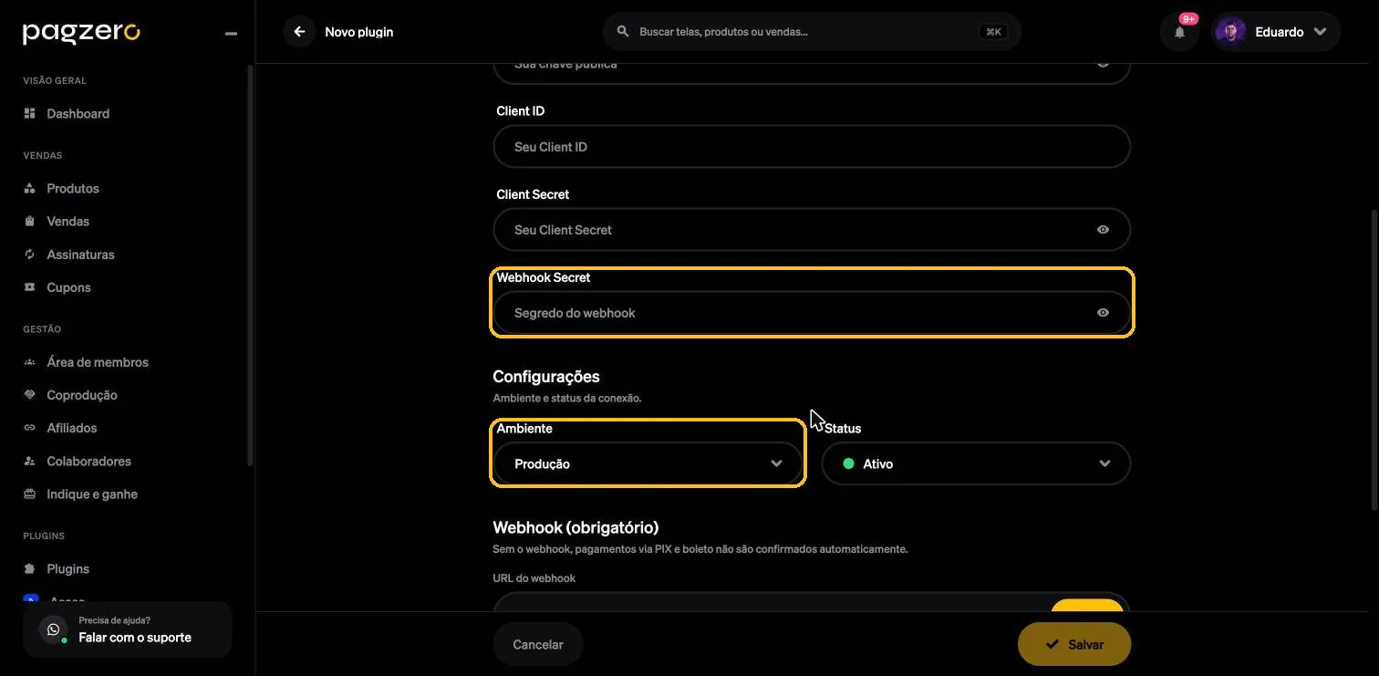 Campos Webhook Secret e Ambiente destacados no formulário da PagZero
