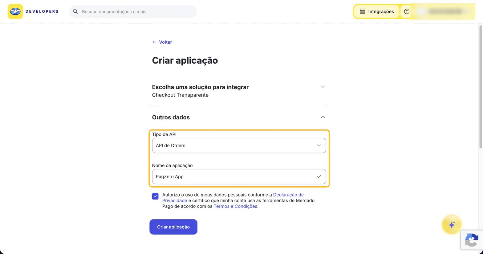 Seção Outros dados com Tipo de API em API de Orders e o nome da aplicação preenchido