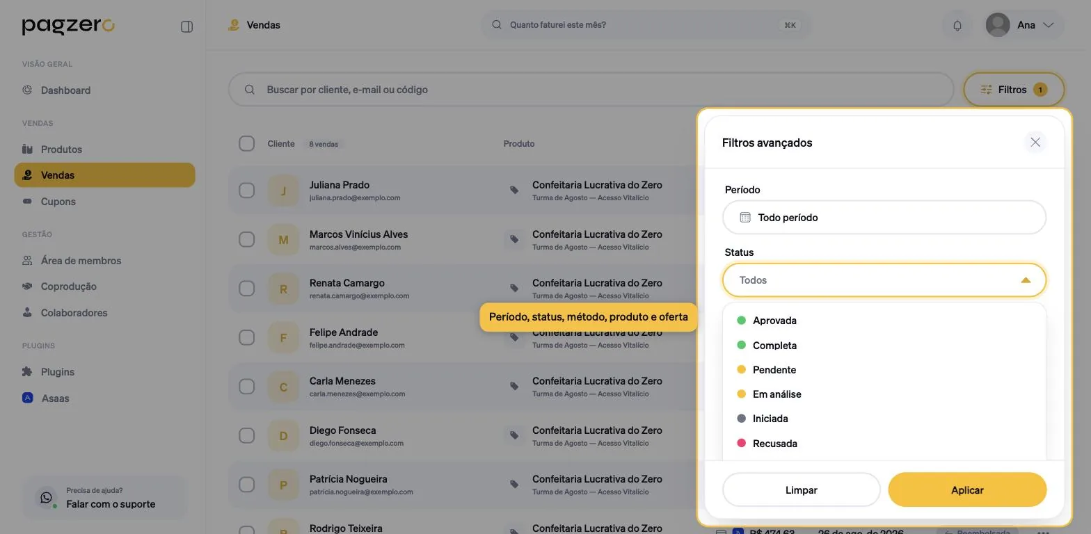 Filtro de status aberto, mostrando Aprovada, Completa, Pendente, Em análise, Iniciada e Recusada