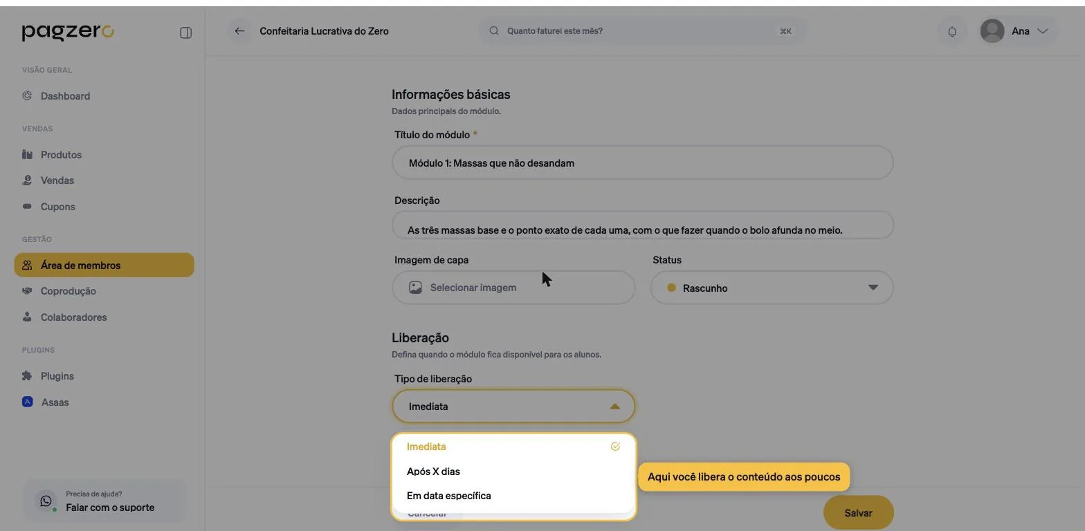Campo Tipo de liberação do módulo com a lista aberta mostrando Imediata, Após X dias e Em data específica
