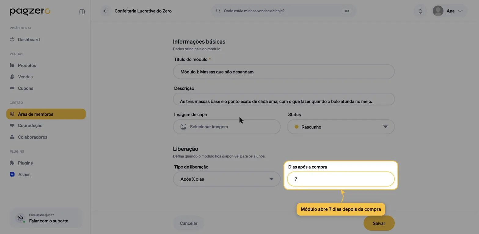 Regra Após X dias selecionada no módulo, com o campo Dias após a compra preenchido com 7