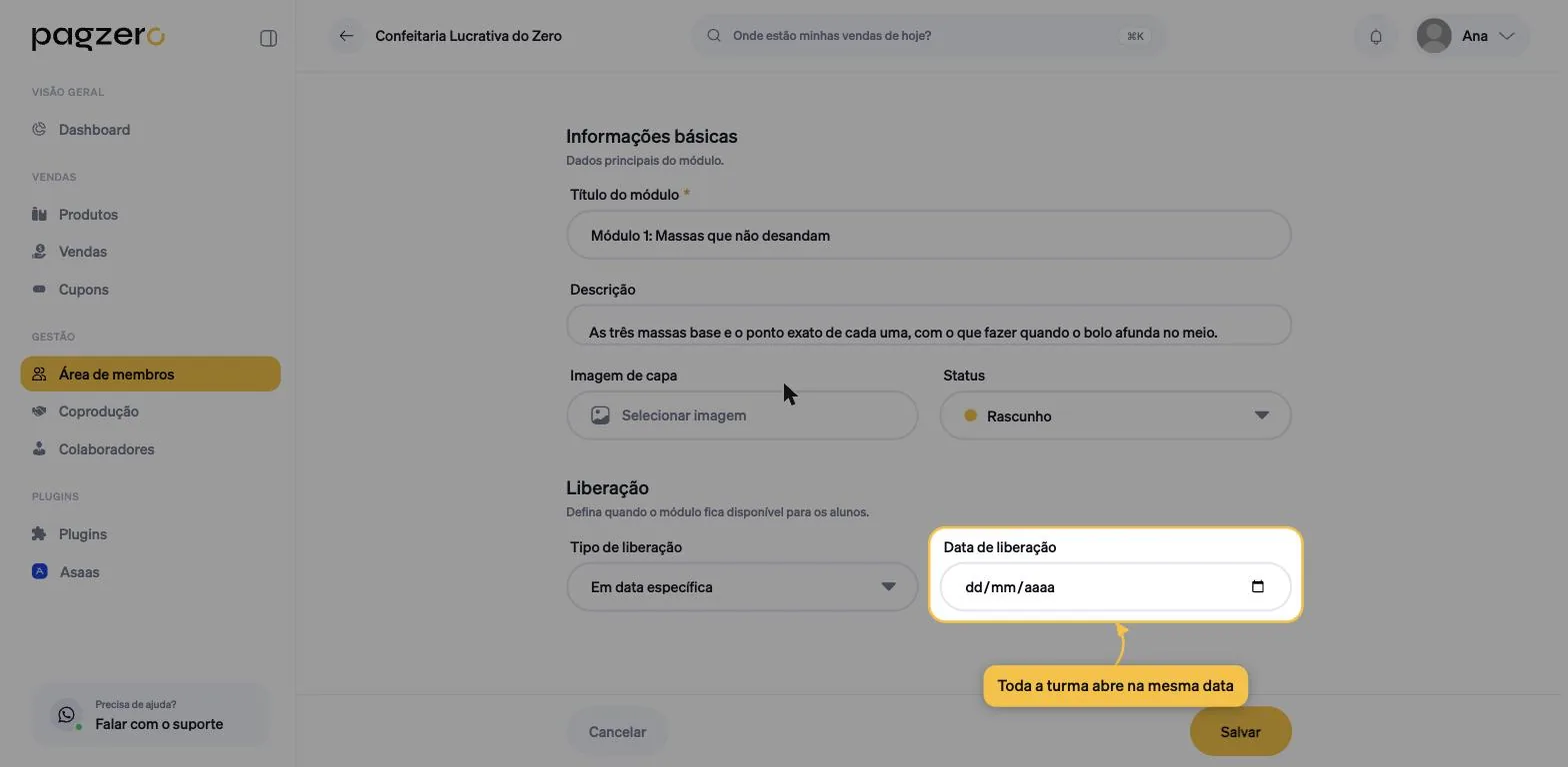 Regra Em data específica selecionada no módulo, revelando o campo Data de liberação