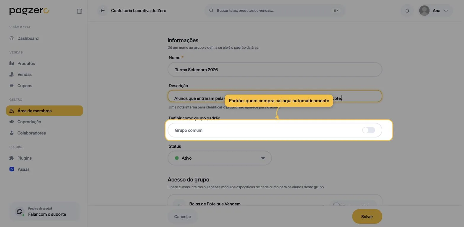 Toggle Definir como grupo padrão desligado, exibindo o rótulo Grupo comum