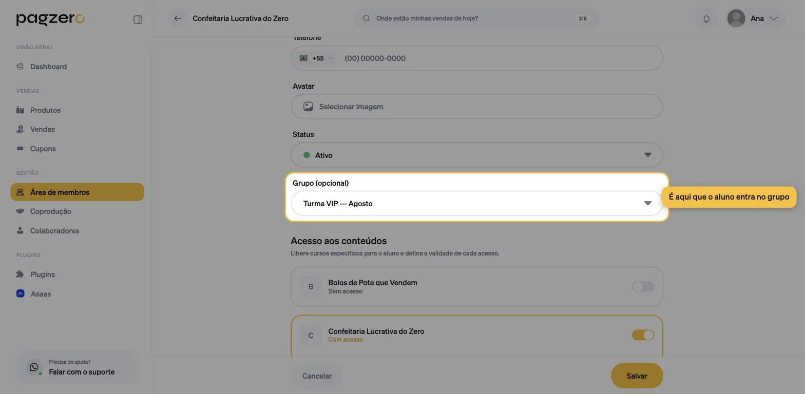 Tela de edição do aluno, com os campos Status e Grupo e a seção Acesso aos conteúdos