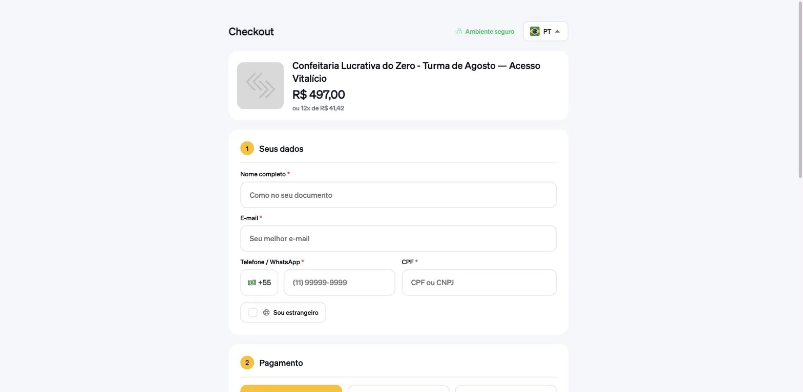 Checkout aberto no navegador, exibindo nome do produto, preço de R$ 497,00, parcelamento em 12x e o formulário de dados