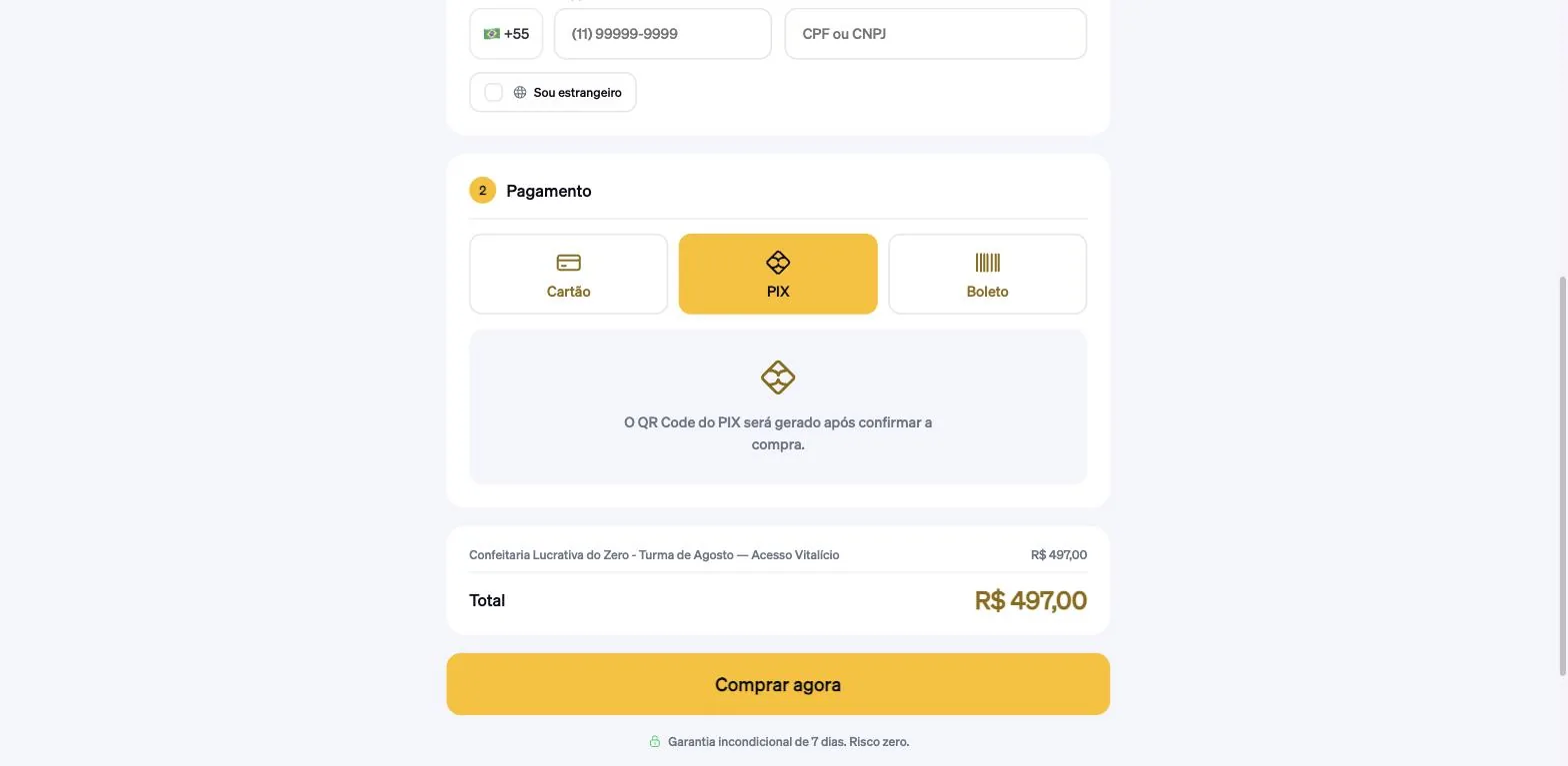 Passo de pagamento com PIX selecionado, avisando que o QR Code será gerado após confirmar a compra, e o resumo com o total